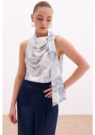 Sateen Fularlı Desenli Bluz - Siyah-136078 Siyah