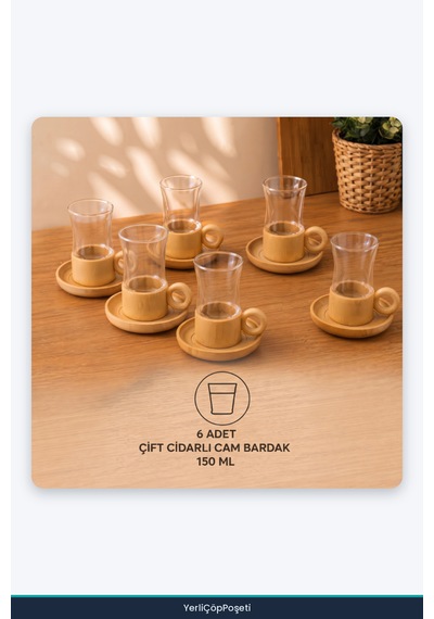 12 Parça Çay Seti - Bambu Bardak Altlığı - Çift Cidarlı Cam - 150 Ml Şeffaf