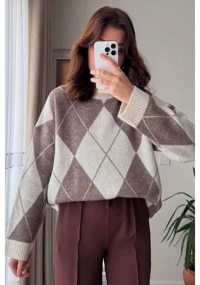 Madmext Ekru Baklava Desen Kadın Triko Kazak Mg2190 Ekru