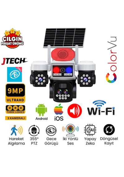 O-kam 8095 3mp+3mp+3mp 9mp Wi-fi Solar Panelli 3 Lens Alert Ptz Akllı Kamera