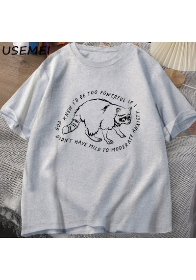 Flood Of Style Tanrı Biliyor Çok Güçlü Olur Rakun Tişörtleri Komik T-shirt Hayvan Baskılı T-shir Gri