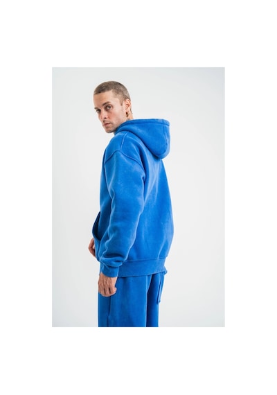 Erkek 3 İplik Pamuklu Oversize Kapüşonlu Yıkamalı Hoodie Sweatshirt - Mavi