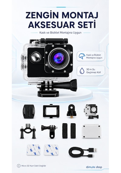 4k Wifi Aksiyon Kamerası 170 Geniş Açı Spor Kamera Ön Kayıt + Kask Montaj Aksesuar Seti Siyah