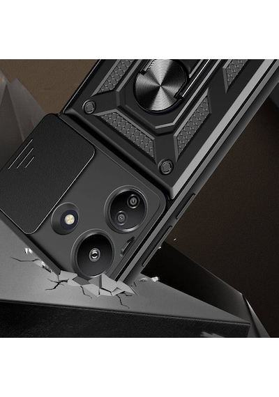 Xiaomi Poco C65 Kılıf Magnetik Standlı Kamera Korumalı Zore Sürgülü Vega Kapak Mavi