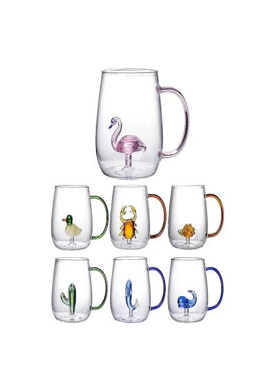 4'lü Figürlü Cam Bardak 3d Kawaii Renkli Kulplu Sunum Fincanı 350ml Sevimli Karikatürler Bardağı Çok Renkli