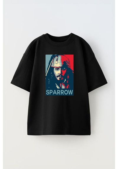 Thewert Unisex Jack Sparrow Tasarım Baskılı Pamuk Sıyah Oversize T-shirt Siyah