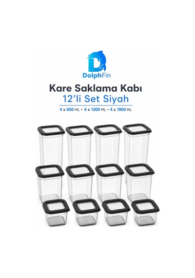 Kare Saklama Kabı 12'li Set Siyah 650/1300/1900 Ml