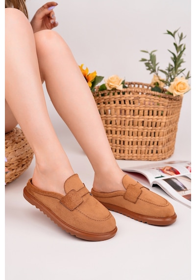 Muggo Vintage Süet Deri Günlük Rahat Önü Kapalı Kadın Loafer Terlik Taba
