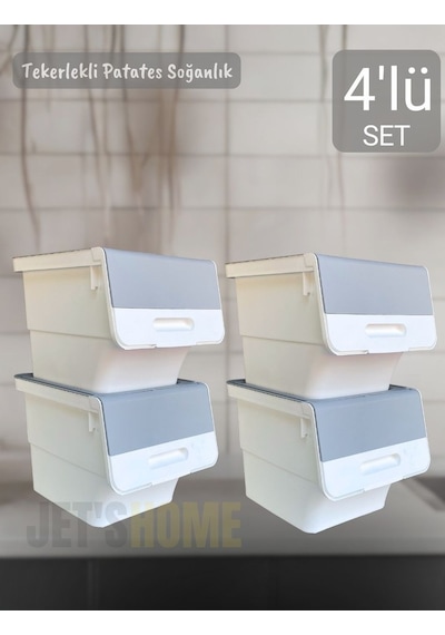 4 Lü Tekerlekli Patateslik Soğanlık Bpa Free Erzak Kutusu Sebzelik Oyuncaklık Gri 48 Lt Gri-beyaz