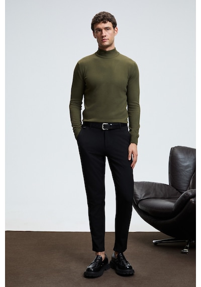 Grimelange REBEL Erkek Yarım Balıkçı Yaka Basic Slim Fit Triko Haki Kazak
