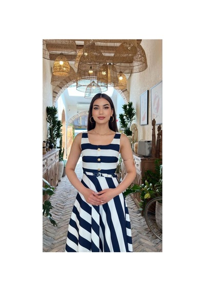 Moda Banuş Çizgili Kemer Detaylı A Kesim Lacivert Elbise-dar Kalıp