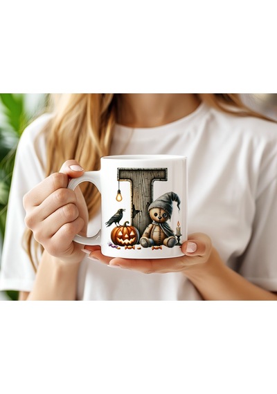 I Harfi Cadılar Bayramı Temalı Ayılı Kupa Bardak Halloween Karga Ve Balkabağı - Korkunç Sevimli Beyaz