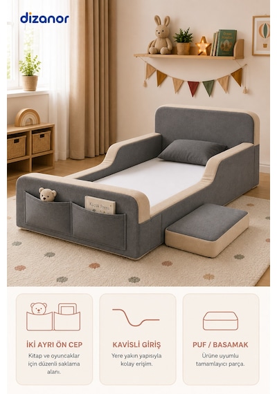 Dizanor Yeni Nesil Maxi Nest %100 Sünger Ve Yıkanabilir Fermuarlı Kumaşa Sahip Bebek, Çocuk Ve Genç Montessori Karyola Baza Ve Başlık Yatağı Seti