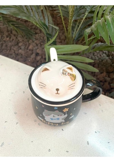Kawai 3d Kedi Kapaklı Kaşıklı Kupa Bardak Siyah