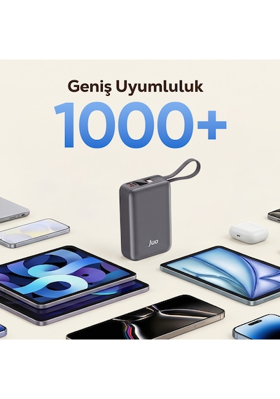 Juo 20000mah 45w Led Ekranlı Usb-a + Type-c Dahili Kablolu Powerbank Taşınabilir Pd Hızlı Şarj Cihazı Siyah