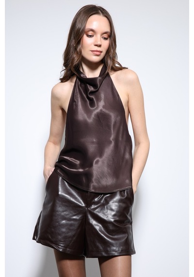Antioch Saten Halter Kadın Top Kahve