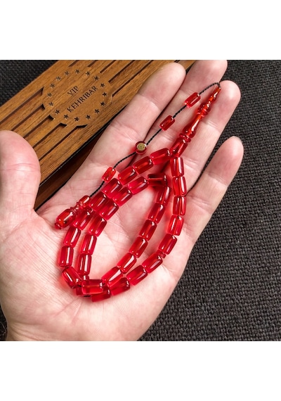 İmzalı 7X11 mm Kırmızı Ateşi Kehribar Tesbih Usta İşçilikli