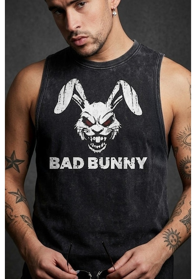 Technomonkey Siyah Erkek Pamuklu Antrenman Sporcu Atleti Oversize Yıkamalı Bad Bunny Baskılı Kolsuz T-shirt