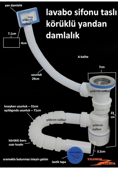 Damlalıklı Taslı Körüklü Sifon Yandan Evye Sifon Lavabo Borusu Ta
