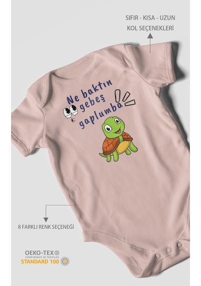Ne Baktın Gebeş Gaplumba Baskılı Bebek Zıbını Çıtçıtlı Body %100 Pamuk Kısa Kol Pastel Pembe