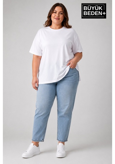 Superlife Büyük Beden Kadın Bisiklet Yaka Yırtmaç Detaylı 3xl-6xl Tunik Tişört Spr26btsk501 Beyaz