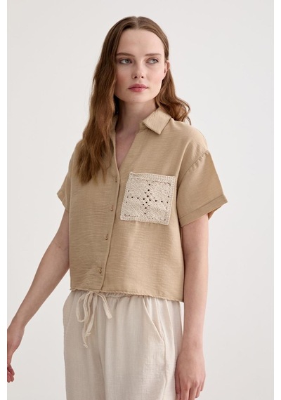 Vos Versa Kadın Keten Dantel Detaylı Kısa Kol Camel Gömlek Vvk47031-415-camel Camel