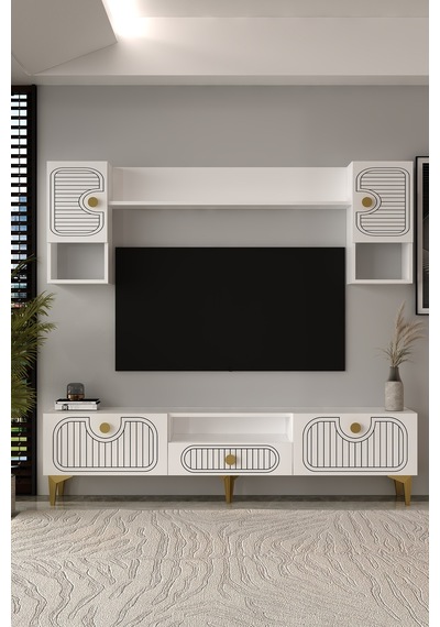 180dhdtüç3ba Hera Lazer Desenli Tv Ünitesi Takımı Beyaz-altın