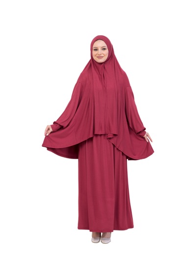 Modish Group İki Parça Namaz Elbisesi Uzun Pamuklu Tesettür Giyim Abaya & Başörtüsü Set Kırmızı