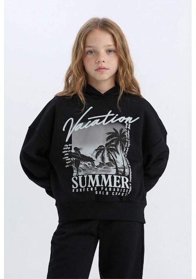 DeFacto Kız Çocuk 2'li Takım Kapüşonlu Baskılı Sweatshirt Beli Lastikli Jogger Alt D2219A824WNBK81 Siyah