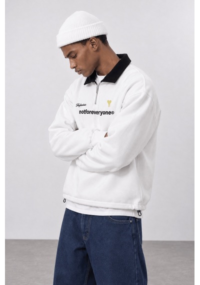 Respire Erkek Not For Everyone Nakışlı Polo Yaka Oversize Sweatshirt Ekru