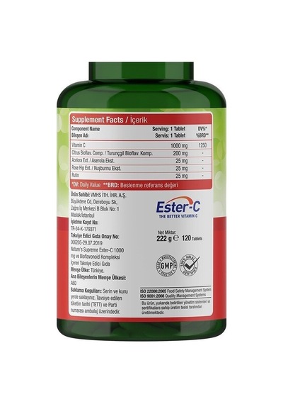 Natures Supreme Ester-C 1000 Mg C Vitamini 120 Tablet Aromasiz