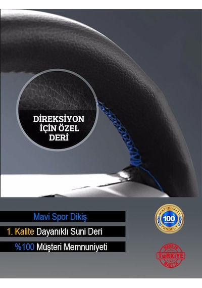 Audi A1 Deri Direksiyon Kılıfı, Mavi Şeritli Spor Dikiş-5215 Çok Renkli