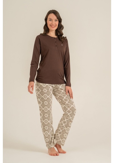 Pierre Cardin Kadın Kahverengi Uzun Kol Nakışlı Pijama Takım Pc9275-s-v1 Pc9275-s-v1