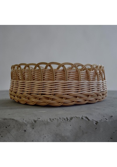 Handanrattan Mandala Desenli El Örgüsü Yuvarlak Rattan Tepsi Sepet 32x11 Cm Doğal Hasır - Kahve Tonları- Mavi