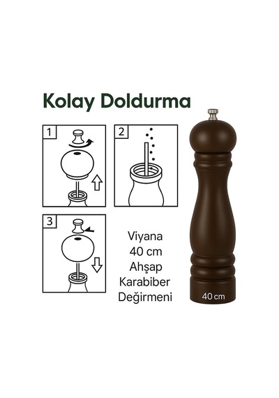 Viyana 40 Cm Ahşap Karabiber Değirmeni Paslanmaz Çelik Öğütücü Çok Renkli