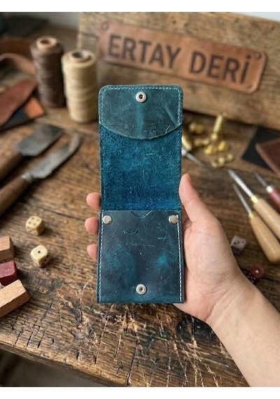 Ertay Deri % 100 Hakiki Deri El Yapımı Mavi Viral Model Çok Bölmeli Cüzdan & Kartlık Açık Mavi
