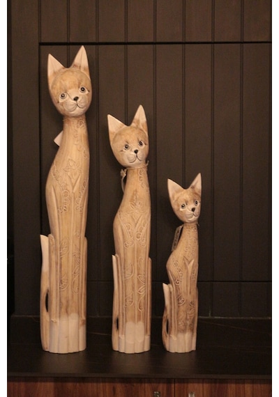 Ahşap Otantik 3 Lü Kedi 100cm Dekoratif Ahşap Kedi 100 80 60 Cm Açık Kahve