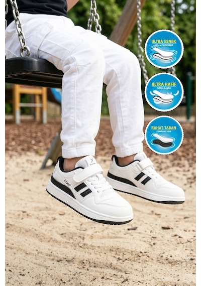 Cool Beyaz Siyah Fileli Hafif Cırtlı Unisex Çocuk Spor Ayakkabı Stella F Beyaz-siyah