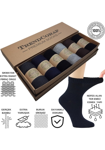 Trendcorap Premium Diabet Bambu Erkek Şeker Çorabı Dikişsiz Burunlu Sıkmayan Rahat Lastikli 6'lı Özel Kutuda Renkli