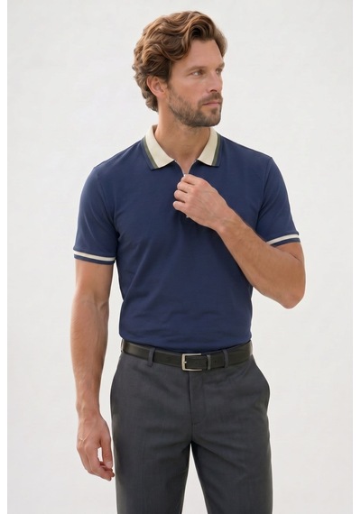 Tudors Erkek Slim Fit Dar Kesim %100 Pamuk Kısa Kollu Yarım Fermuarlı Lacivert Polo Yaka Tişört-50748