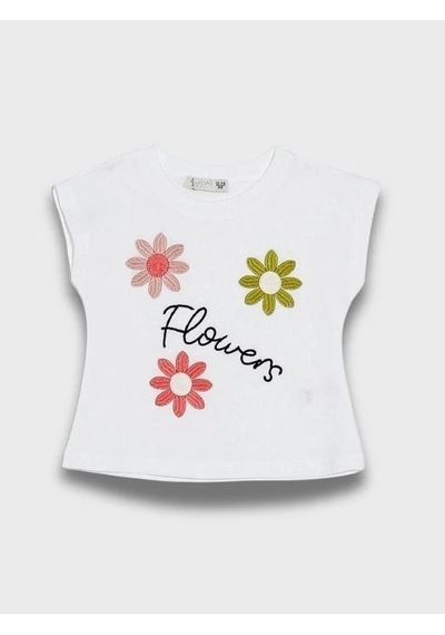 Escabel Kız Bebek Pamuklu Çiçek Nakışlı Tshirt-15602 Beyaz