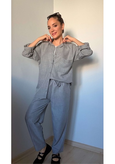 Ali Butik Gri Keten Gömlek Pantolon Takım Gri