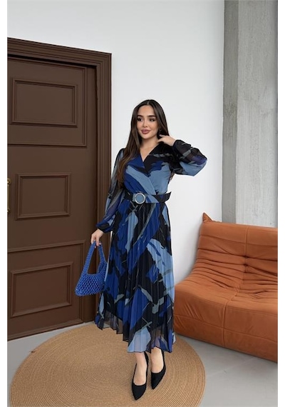 Neşeli Butik Kadın Mavi Beli Kemerli Piliseli Kruvaze Yaka Şifon Elbise Nbelb03 Mavi