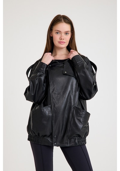 Oversize Bayan Deri Ceket Vb-20-bk-2847-24116 Siyah