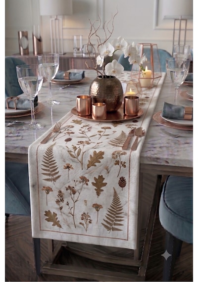 Premium Masa Runner Dijital Baskılı Soyut Şekil Desenli Dekoratif Salon Mutfak Yemek Masası Runner Örtüsü 45x140 Cm Beyaz