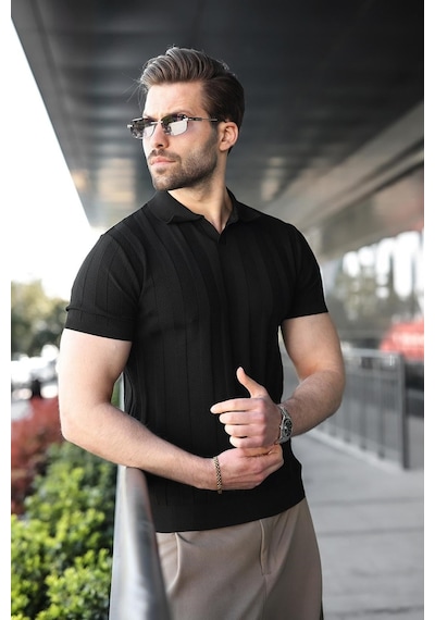 Madmext Siyah Slim Fit Polo Yaka Triko Erkek Tişört E7491