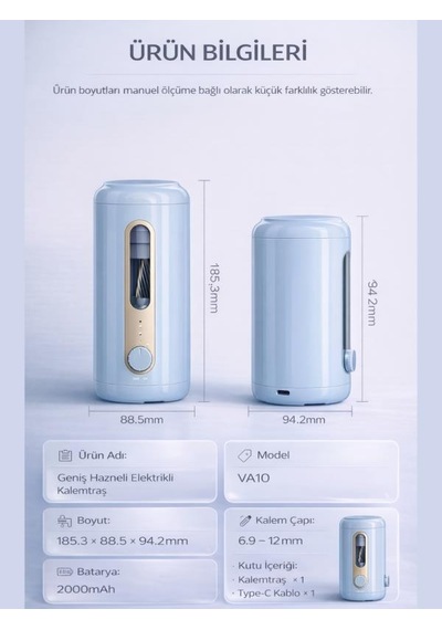 Va10 Mavi Şarjlı Otomatik Elektrikli Kalemtıraş 2000mah 5 Kademe Uç Ayarlı, 6.9-12mm Jumbo Uyumlu, Type-c, Geniş Hazneli