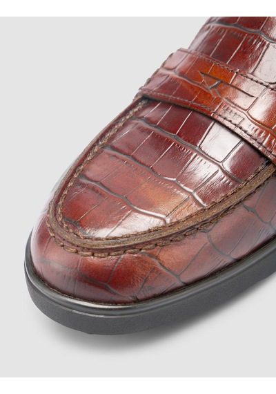 %100 Hakiki Deri Kahverengi Croco Desen Kadın Loafer Kahverengi