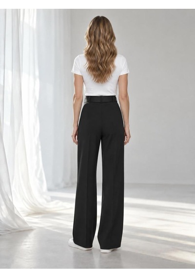 Nealirsanall.com Yüksek Bel Kemerli Wide Leg Palazzo Kumaş Pantolon Siyah
