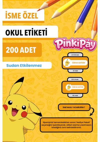 İsim Yazılabilir Pikachu Temalı Okul Etiketi Kalem & Defter İçin 200 Adet Çoklu